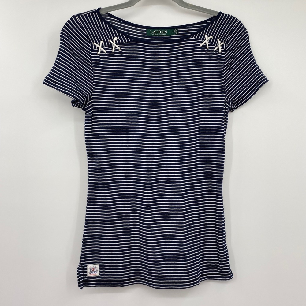 Lauren Ralph Lauren Navy White Striped Nautical Lace Up Boat Neck Top Medium
